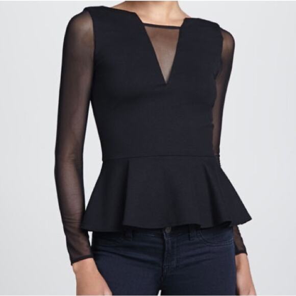Amanda Uprichard Size P Black Mesh Peplum Long Sleeve Top Deep V Cut Out Stretch - Picture 13 of 14